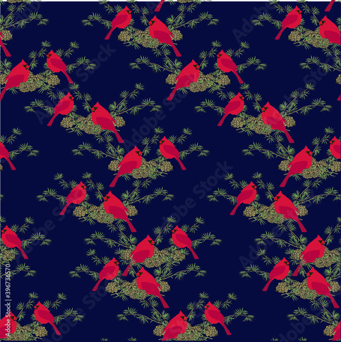 Red cardinal larch green tree branch red seamless pattern on dark blue art design stoock vector illustration for web, for print, for fabric print, for wrapping paper photo