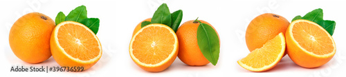 Set of Orange fruit with orange slices and leaves isolated on white background.