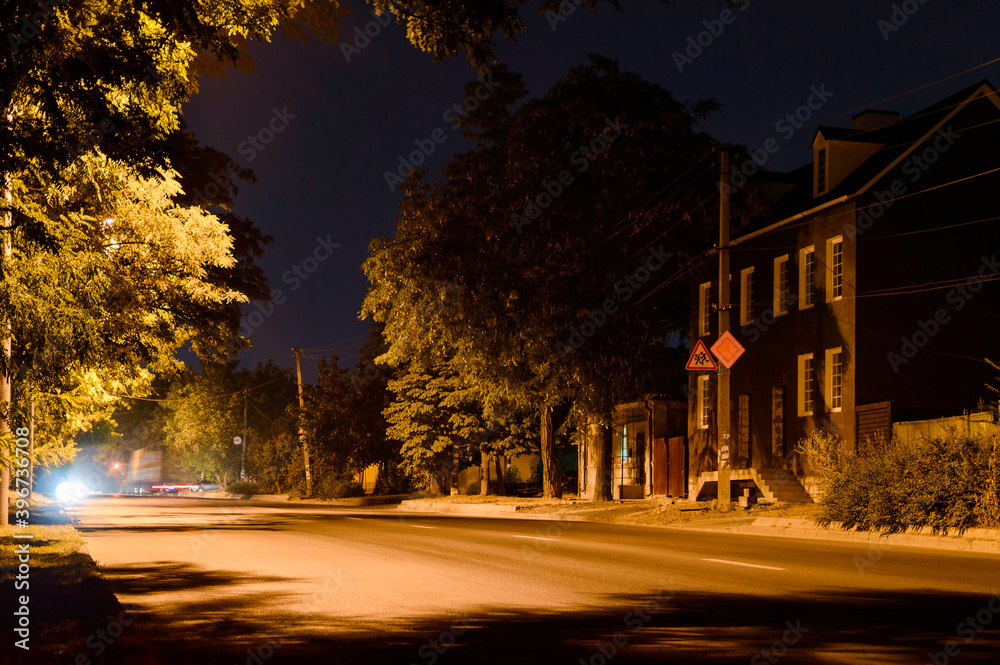 Night scene of small old town with street lights