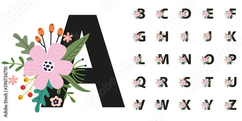 Floral Alphabet A-Z, Vector illustration