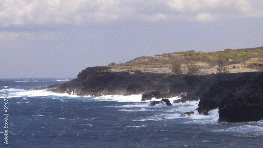 Panorama of the rocky coast of Reunion Island near Le Souffleur, a natural geyser in Piton Saint-Leu Panorama of the rocky coast of Reunion Island near Le Souffleur, a natural geyser in Piton Saint-Leu