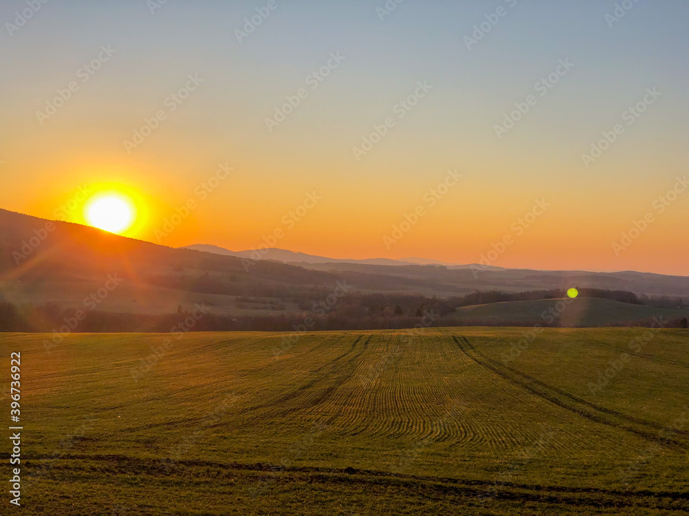 Autumn meadow covered with late sun, Novohradske hory, Bohemia, Czechia.