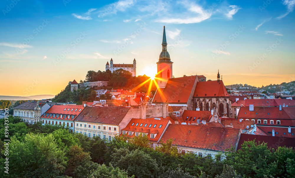 View on Bratislava castle, Parliament and Danube river in capital city of Slovakia,Bratislava