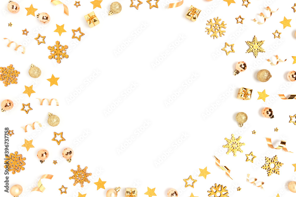 Round frame made of gold Christmas toys pattern on a white background. Festive concept with place for your design. Round frame made of gold Christmas toys pattern on a white background. Festive concept with place for your design.