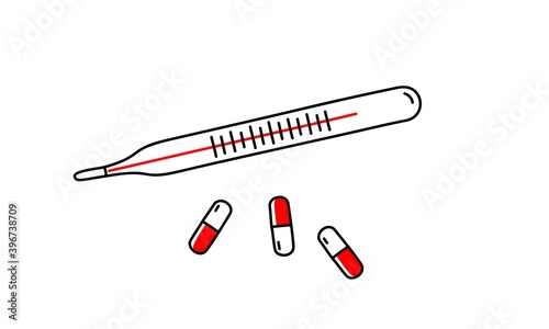 Thermometer and pill. Hand drawn vector illustration.