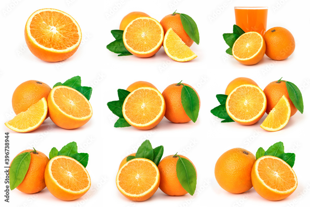 Set of Orange fruit with orange slices and leaves isolated on white background. Set of Orange fruit with orange slices and leaves isolated on white background.
