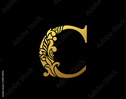 Golden Elegant letter C. Graceful Ornate style. Calligraphic beautiful logo. Vintage drawn emblem for book design, brand name, business card, Restaurant, Boutique, Hotel.