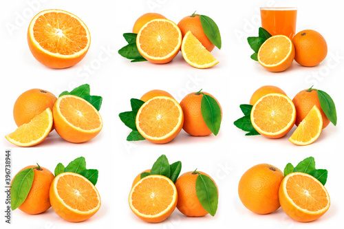 Set of Orange fruit with orange slices and leaves isolated on white background.