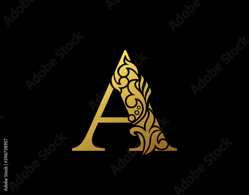 Golden Elegant letter A. Graceful Ornate style. Calligraphic beautiful logo. Vintage drawn emblem for book design, brand name, business card, Restaurant, Boutique, Hotel.