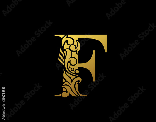 Golden Elegant letter F. Graceful Ornate style. Calligraphic beautiful logo. Vintage drawn emblem for book design, brand name, business card, Restaurant, Boutique, Hotel.