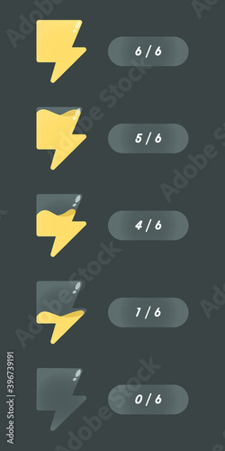 A set of icons of lightning, energy, force, power, filling the vessels with liquid. Elements for application graphics and game design, GUI. Set of status, progress icons. Filling the player's progress