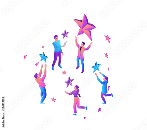 Feedback concept with 3d isometric star icon, customer rate product, client satisfaction survey, people review quality of service, purple vector illustration