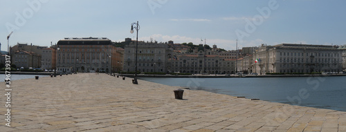 Panorama from Molo Audace pier in Trieste, with the Adriatic sea and Piazza Unità d'Italia in the background