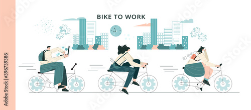 People cycling to work. Business person on bike. Urban character riding on bicycle. Employee commuting by bike. Cycle commute in the city.  Corporate bicyclists ride to job. Flat vector illustration 