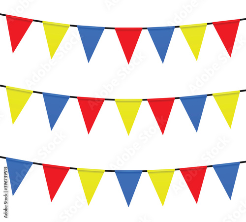 Triangle party flags hanging on rope. vector
