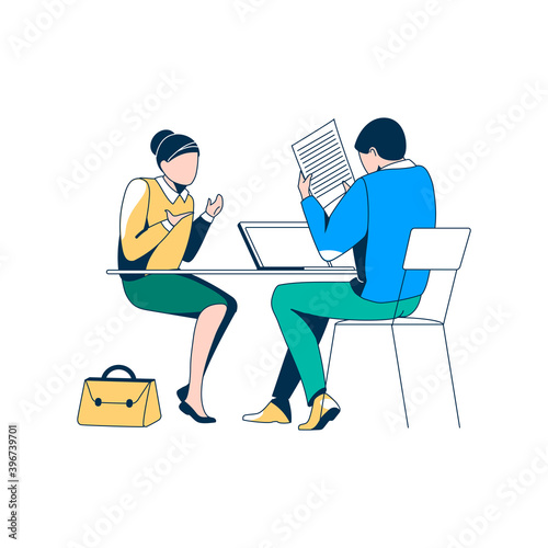 Business interview or meeting. Man HR manager interviewing woman job seeker. Boss sitting at desk talking with candidate or empoyee in office vector illustration