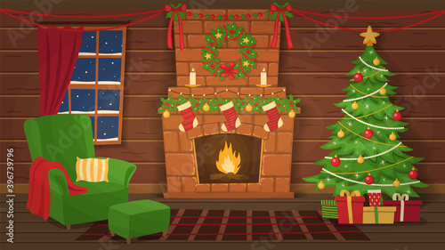 Christmas interior. Armchair and christmas tree near the fireplace. Vector illustration.
