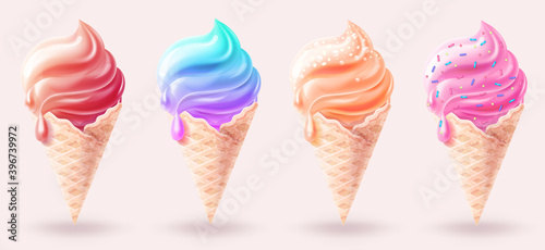 3D Set of ice cream of different tastes chocolate, fruit, salted caramel, chewing gum. Desserts on light beige background. Realistic icons of ice cream in  waffle cup.