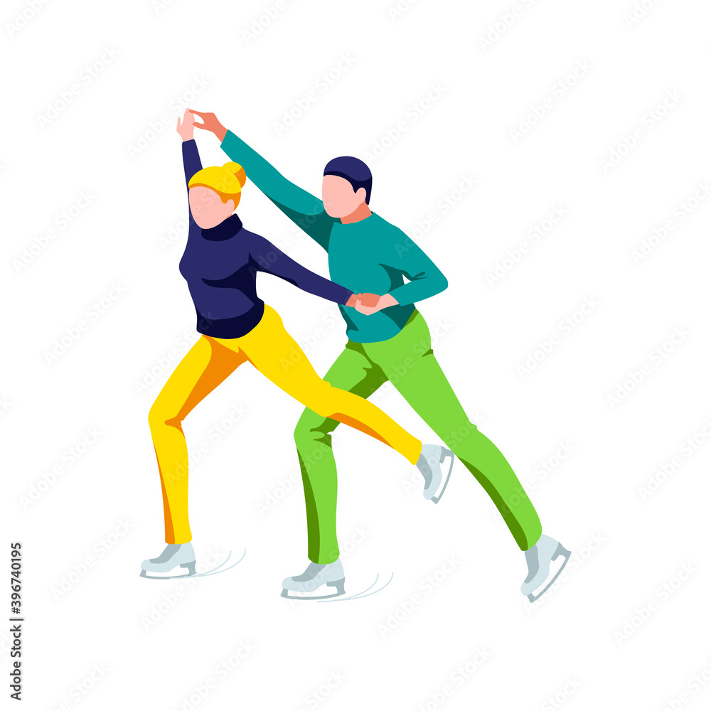Couple skating on ice rink. Figure skating athletes performing on ice rink. Winter sports activities cartoon vector illustration isolated on white background Couple skating on ice rink. Figure skating athletes performing on ice rink. Winter sports activities cartoon vector illustration isolated on white background