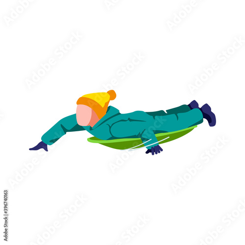 Boy sledding on sleigh. Boy in winter clothing riding plastic sled. Winter sports activities Winter sports activities cartoon vector illustration isolated on white background