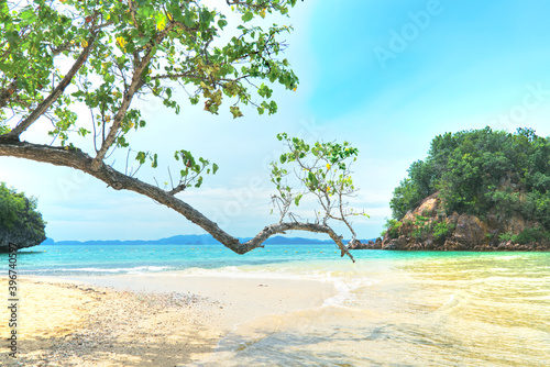 Seascape beautiful sea beach with background cliff mountain and cloudy sky at Koh Pak Bie locate at Krabi Thailand.