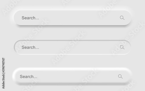 Set of White Search bar form templates of neomorphic interface. Neomorphism trendy 2020 design elements, UI components. Vector layout illustration isolated objects for website, interface, social media