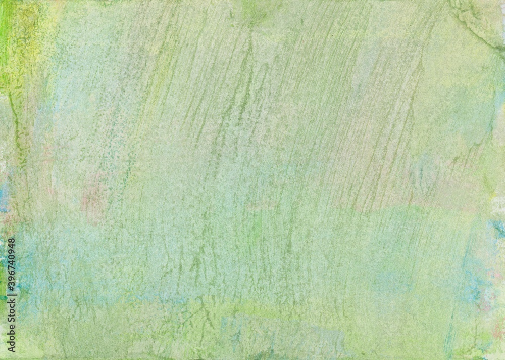 Hand painted abstract watercolor background in green, blue and pink with stripes and lines