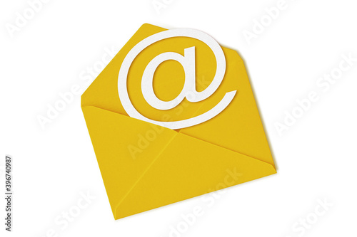 Yellow envelope with email symbol on white background