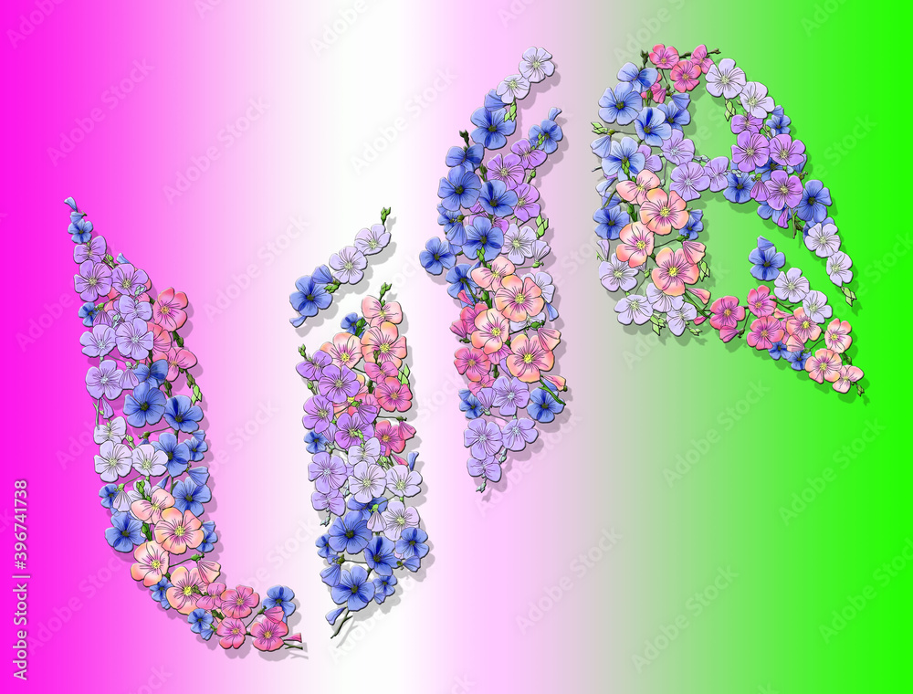 Decorative background with a close-up inscription. The letters are made of floral elements on a colored background. Printed material. Decorative background with a close-up inscription. The letters are made of floral elements on a colored background. Printed material.
