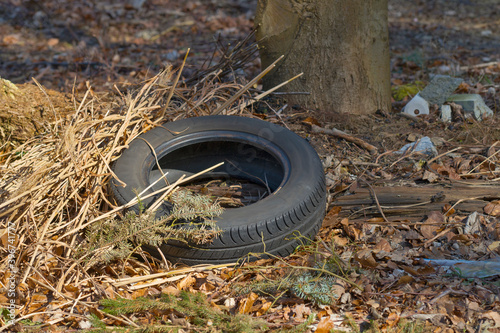 Old car tires discarded in the woods