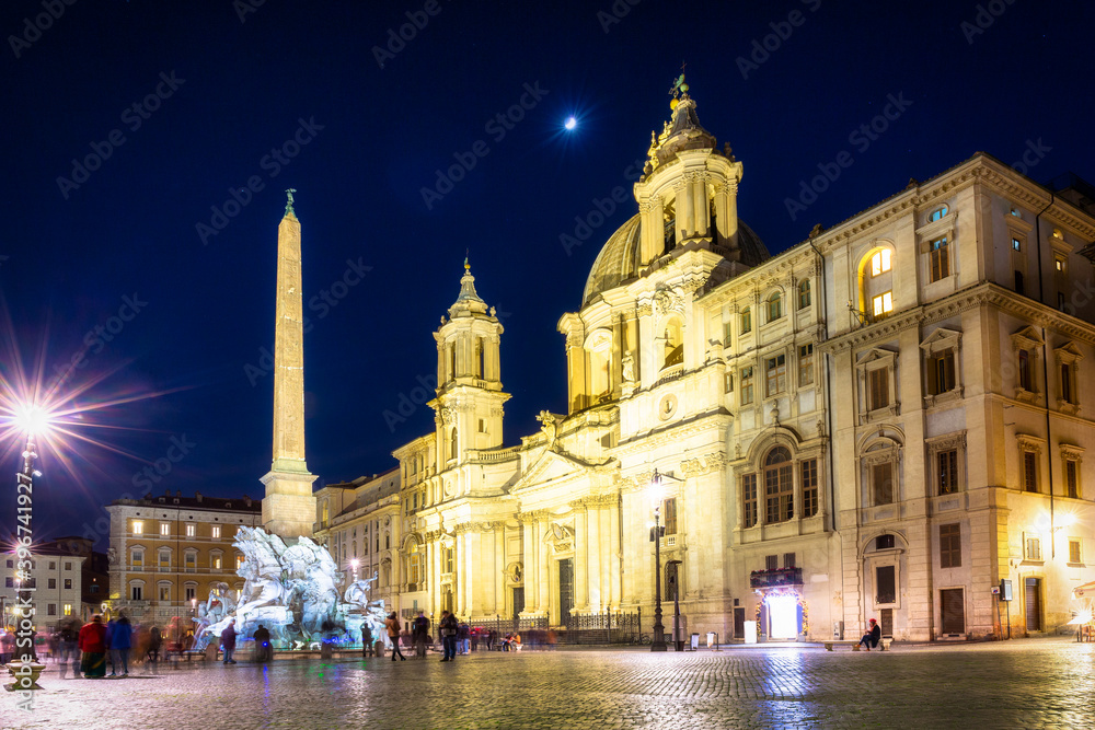 Architecture of Piazza Navona in Rome at night, Italy