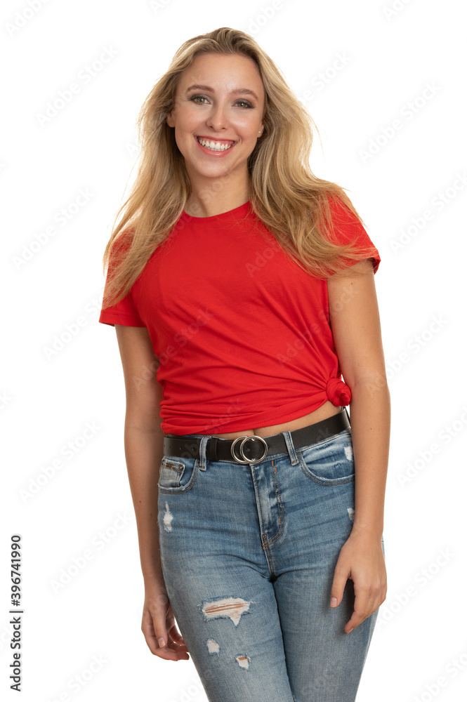 Portrait of a cute teenage girl in red tshirt over white Portrait of a cute teenage girl in red tshirt over white