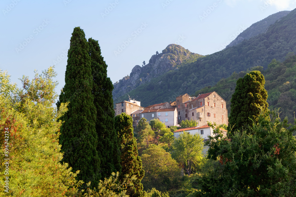 Village in Costa verde mountain.  Corsica island                       