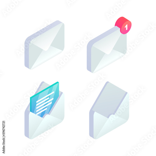 Mobile Email isometric icon set. 3d New incoming message notification, open message, e-mail sign. Social network, sms chat, spam, new mail vector symbols for website, landing design, app, advert