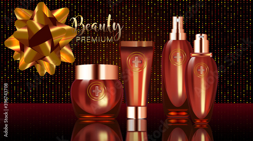 Beauty product ad design, red cosmetic containers with holiday concept advertising background ready to use, luxury skin care banner, illustration vector.