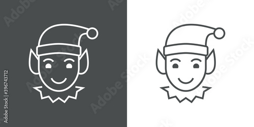 Tiempo de navidad. Logotipo cara de elfo asistente de Papá Noel con lineas en fondo gris y fondo blanco