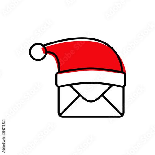 Tarjeta de felicitación de Navidad. Logotipo con sobre de correos con gorro de Papá Noel con lineas con color rojo