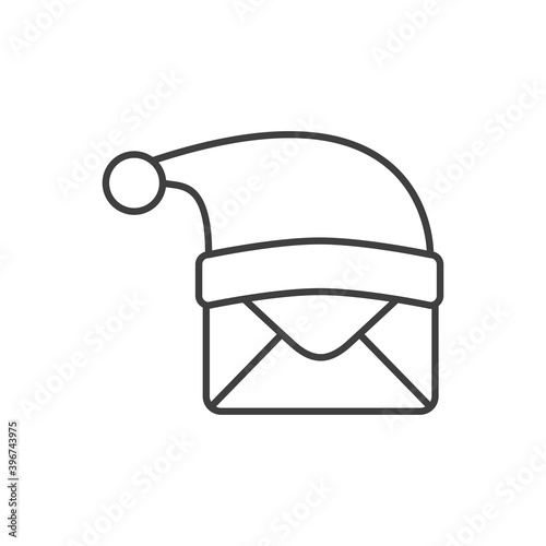 Tarjeta de felicitación de Navidad. Logotipo con sobre de correos con gorro de Papá Noel con lineas en color gris