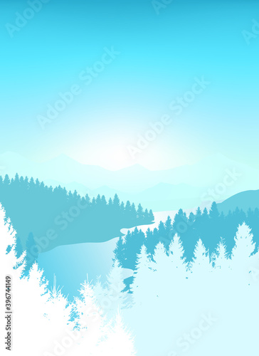 Vertical vector background. Winter morning in beautiful mountains with river. Abstract illustration mountains and dense forest down to the valley in the foreground. Mountain landscape. 
