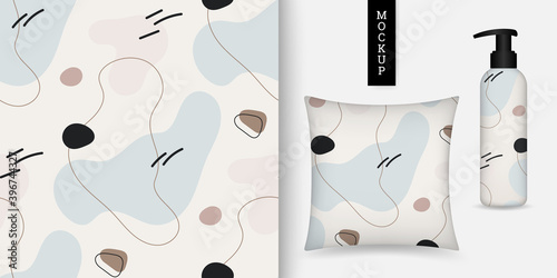 Seamless pattern of geometric shapes and scribble. Abstract background with spots and lines. Vector illustration. Repeating texture. Modern ornament. Design textile, paper, cloth. Mockup.