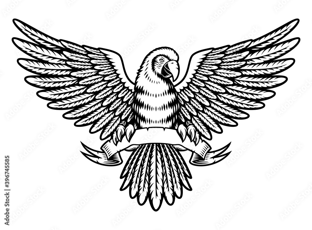A black and white vector illustration of parrot Ara with vintage ribbon isolated on white background. A black and white vector illustration of parrot Ara with vintage ribbon isolated on white background.