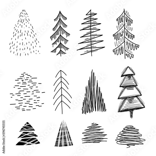 Set of various simple lagom firs with hatching. Hand-drawn Christmas trees. Vector ink element for cards, stamps, banners and your creativity