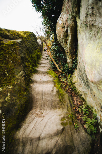 Externsteine rock formation, also called German Stonehenge, in the Teutoburg Forest, Germany. Fog