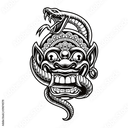 A vector illustration of a traditional Bali mask with a snake. This design can be used as a shirt print as well as for many other uses.