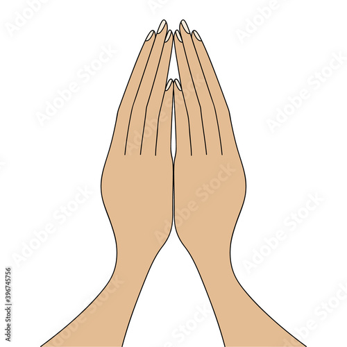 Hands folded in prayer. The palms are pointing up. Colored vector illustration. An appeal to God. The fingers touch each other. Prayer at the table before meals on Thanksgiving Day. Isolated.