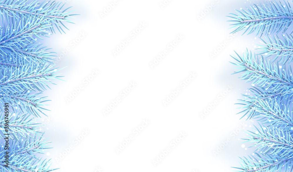 Frozen light blue spruce branches with sparkle lights. Frozen light blue spruce branches with sparkle lights.