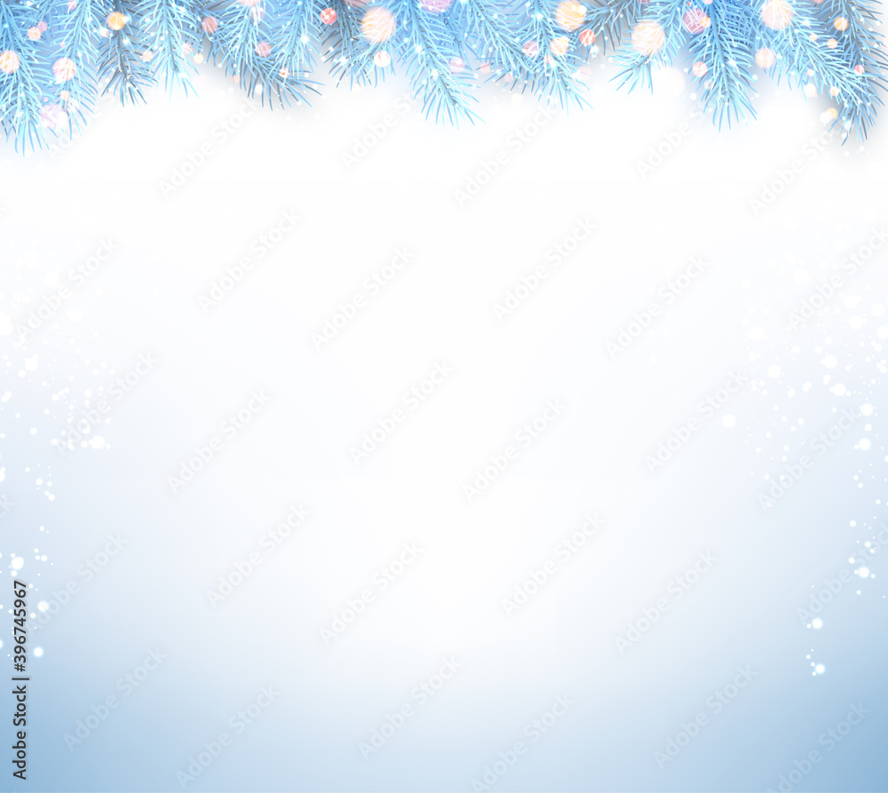 Frozen light blue spruce branches with sparkle lights. Frozen light blue spruce branches with sparkle lights.
