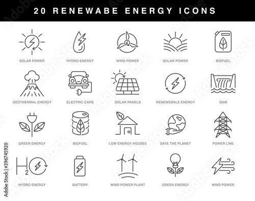 Renewable energy icons set with editable stroke, line icons on white background