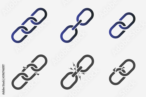 Set of flat illustrations of a chain on a light gray background. Broken chain links. Modern concept of non-working hyperlink.