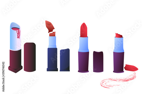 Set of illustrations of broken female lipsticks. Unsuitable shattered cosmetics, outdated fashion concept.